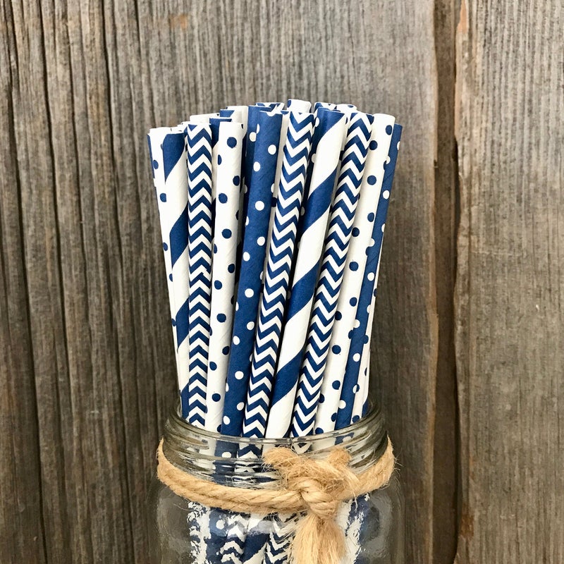 Outside the Box Papers Paper Straws - Navy Blue and White - Stripe Chevron Polka Dot - 7.75 Inches - 100 Pack - Outside the Box Papers Brand - Image 2